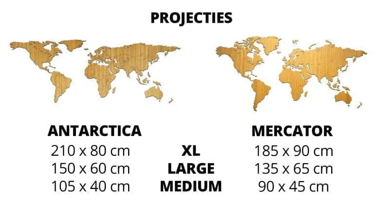 projectie en afmeting houten wereldkaart