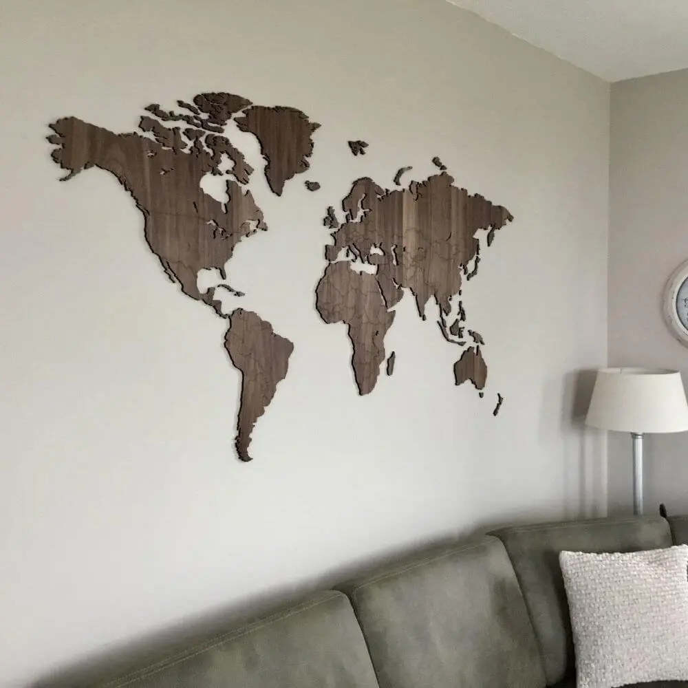 Houten wereldkaart - walnoot - wereldkaart van hout