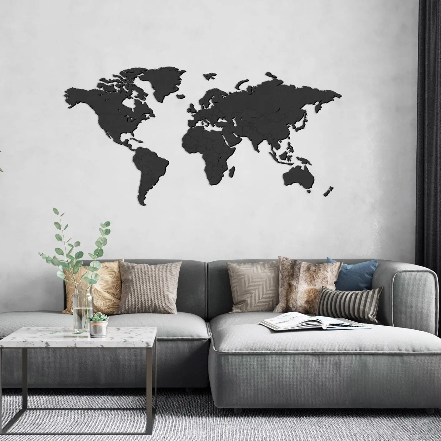 Houten wereldkaart - zwart