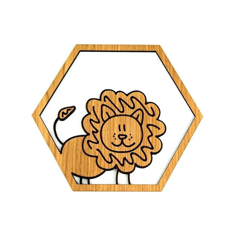 Houten wanddecoratie kinderkamer hexagon 6 hoek leeuw