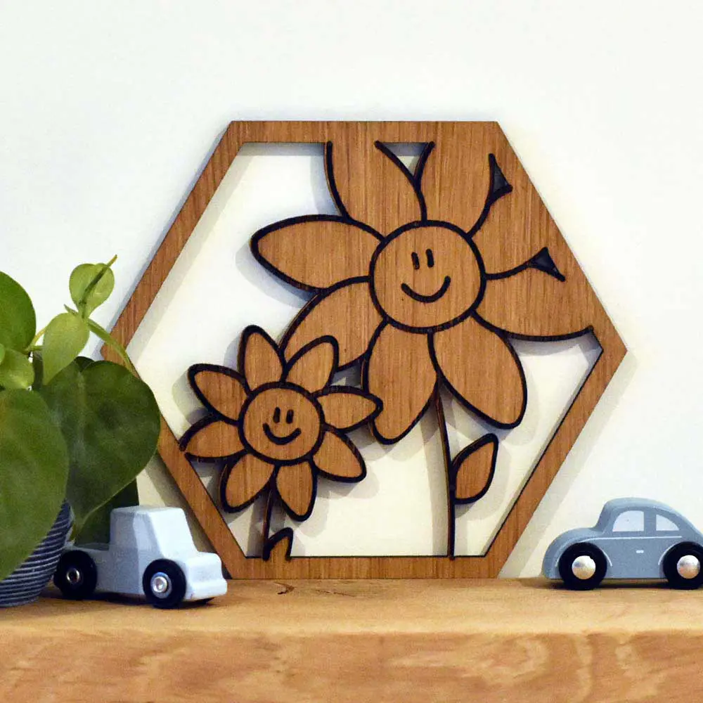 Houten wanddecoratie kinderkamer hexagon 6 hoek bloem