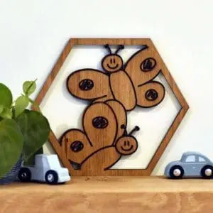 Houten wanddecoratie kinderkamer hexagon 6 hoek vlinder