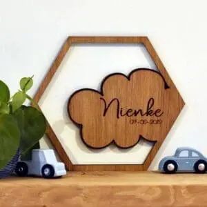 Houten wanddecoratie kinderkamer hexagon 6 hoek wolk met eigen naam