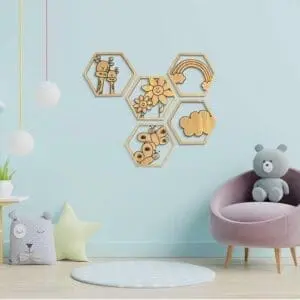 Houten wanddecoratie kinderkamer hexagon wolk regenboog bloemen giraffe vlinder gepersonaliseerd