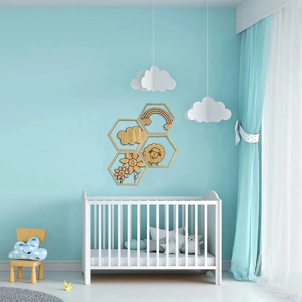 Houten wanddecoratie kinderkamer 6 hoek wolk regenboog schaap bloemen gepersonaliseerd