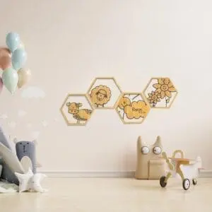 Houten wanddecoratie kinderkamer hexagon wolk koe schaap bloemen gepersonaliseerd