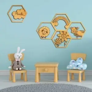 Houten wanddecoratie kinderkamer hexagon wolk koe schaap bloemen gepersonaliseerd