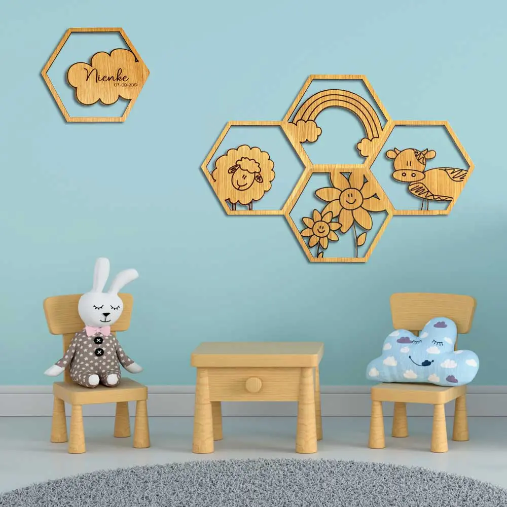 Houten wanddecoratie kinderkamer hexagon wolk koe schaap bloemen gepersonaliseerd