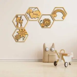 Houten wanddecoratie kinderkamer hexagon wolk leeuw giraffe bloemen regenboog