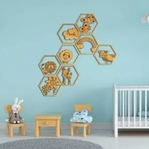 Houten wanddecoratie kinderkamer hexagon wolk vlinder koe bloemen regenboog leeuw giraffen gepersonaliseerd