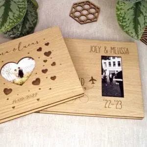Houten fotoboek gastenboek trouwen bruiloft fotoalbum reizen vakantie