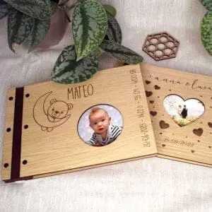 Houten fotoboek gastenboek bruiloft trouwen fotoalbum kind babyfoto's