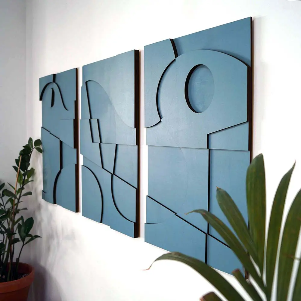 Layered Abstract 3.0 houten wanddecoratie 3luik modern abstract kunst blauw
