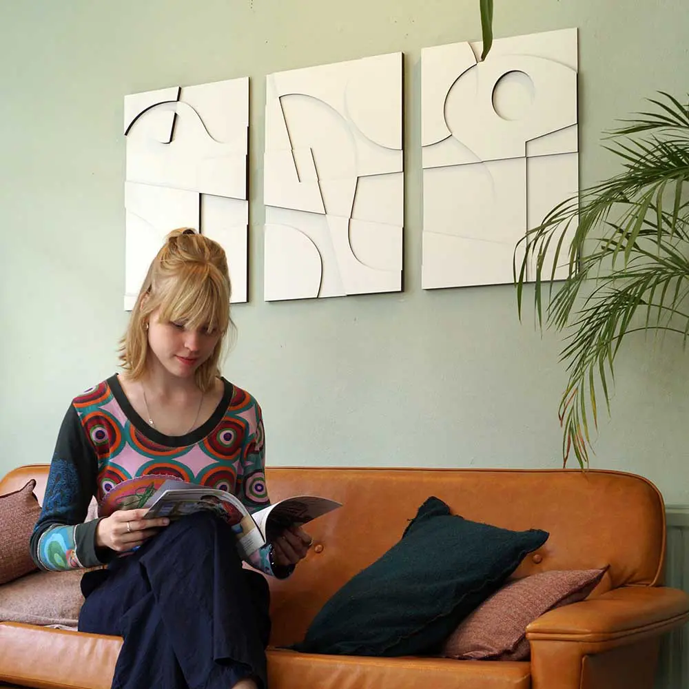 Layered Abstract 3.0 houten wanddecoratie 3luik modern abstract kunst wit