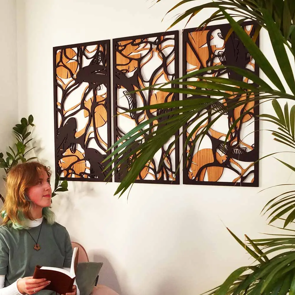 Underwater houten wanddecoratie 3-luik wandpanelen eiken zwart kunst vijver vissen