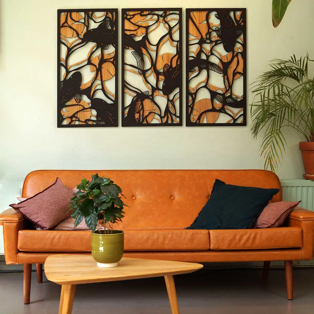 Underwater houten wanddecoratie 3-luik wandpanelen eiken zwart kunst vijver vissen