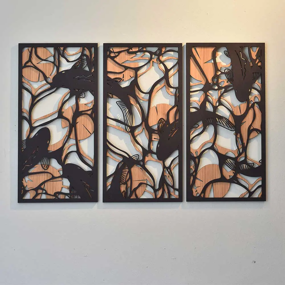 Underwater houten wanddecoratie 3-luik wandpanelen eiken zwart kunst vijver vissen