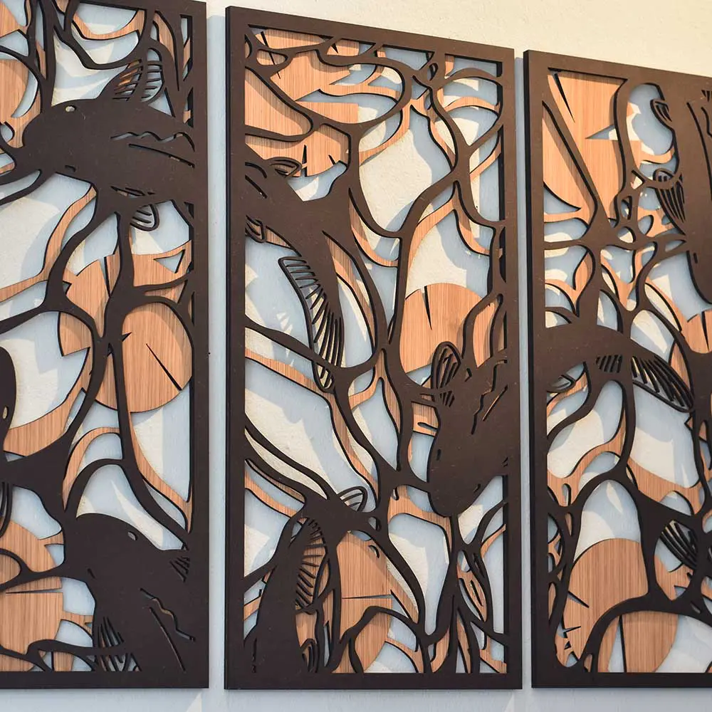 Underwater Fish houten wanddecoratie 3-luik wandpanelen eiken zwart kunst vijver