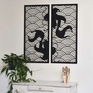 Koi waves 2.0 houten wanddecoratie 2-luik wandpanelen zwart kunst koi vissen japanse stijl golven