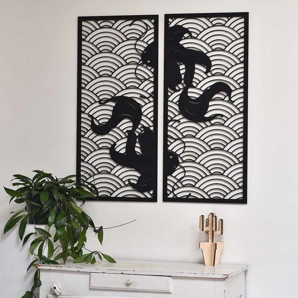 Koi waves 2.0 houten wanddecoratie 2-luik wandpanelen zwart kunst koi vissen japanse stijl golven