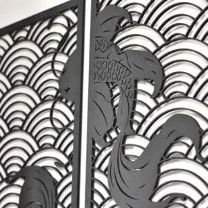 Koi waves 2.0 houten wanddecoratie 2-luik wandpanelen zwart kunst koi vissen japanse stijl golven