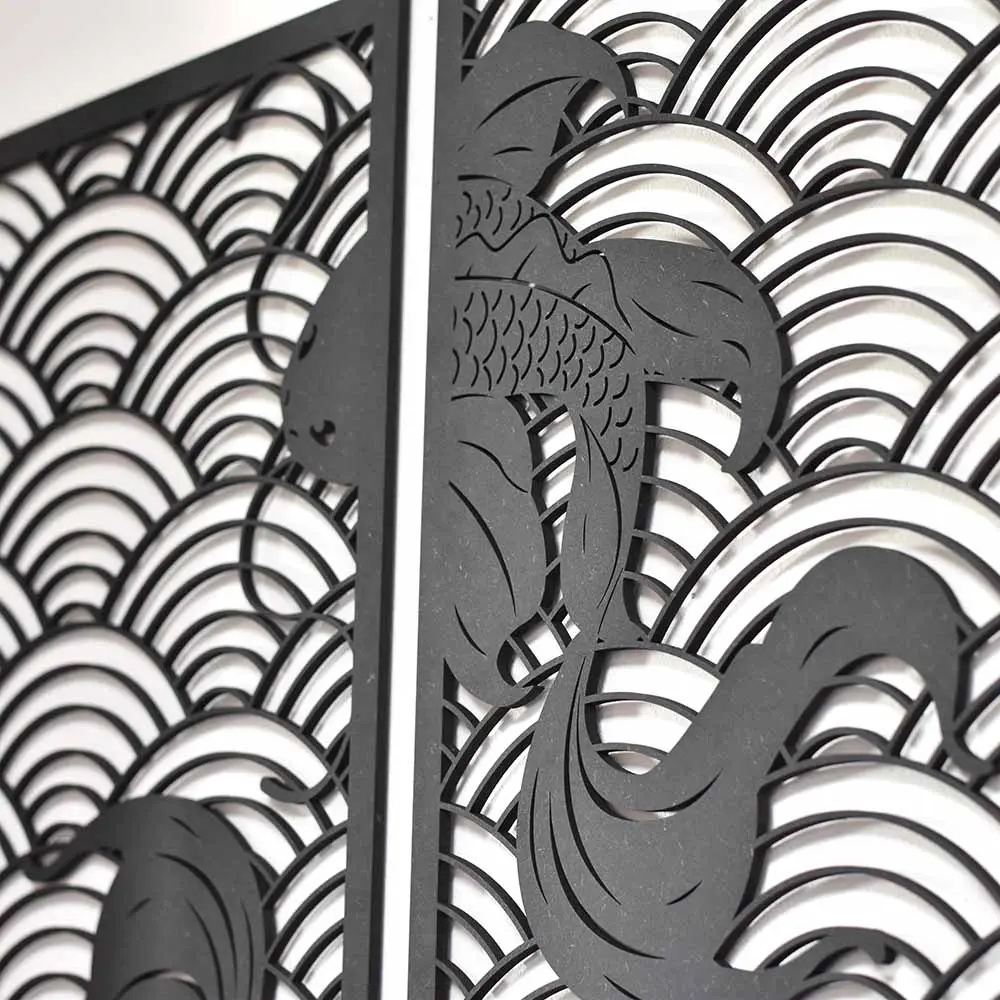 Koi waves 2.0 houten wanddecoratie 2-luik wandpanelen zwart kunst koi vissen japanse stijl golven
