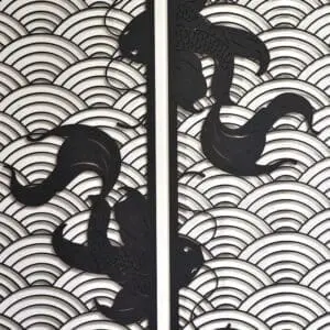 Koi waves 2.0 houten wanddecoratie 2-luik wandpanelen zwart kunst koi vissen japanse stijl golven