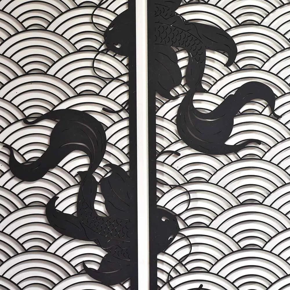 Koi waves 2.0 houten wanddecoratie 2-luik wandpanelen zwart kunst koi vissen japanse stijl golven