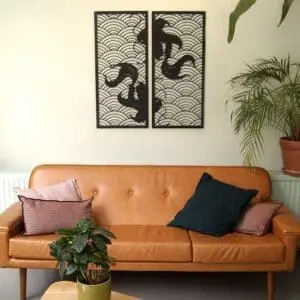 Koi waves 2.0 houten wanddecoratie 2-luik wandpanelen zwart kunst vissen japanse stijl golven