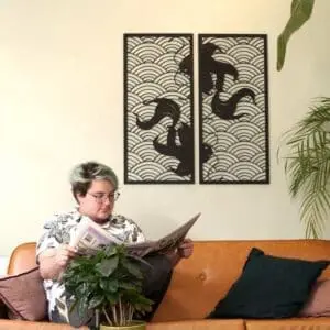 Koi waves 2.0 houten wanddecoratie 2-luik wandpanelen zwart kunst vissen japanse stijl golven