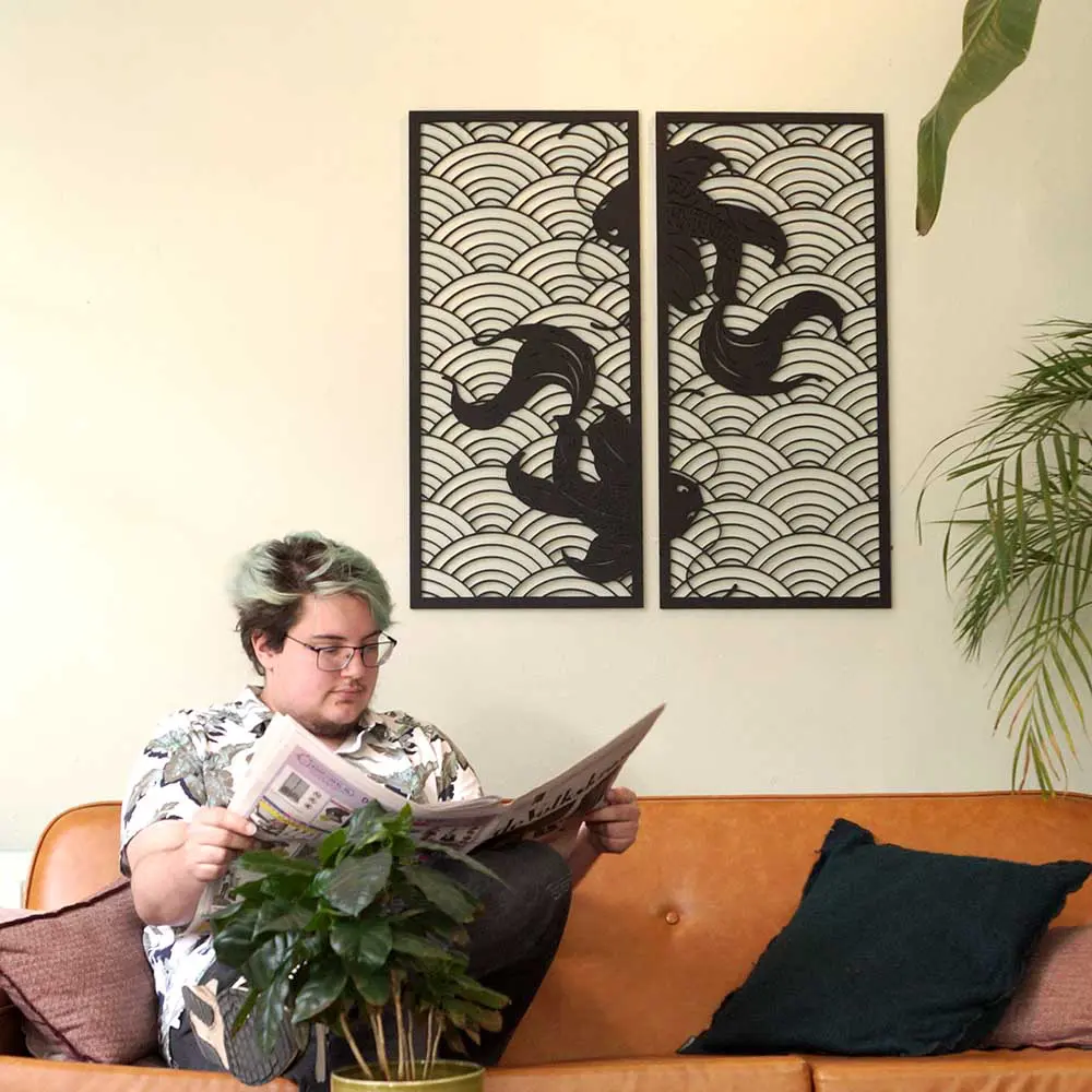 Koi waves 2.0 houten wanddecoratie 2-luik wandpanelen zwart kunst vissen japanse stijl golven