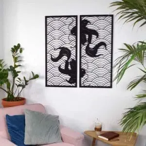 Koi waves 2.0 houten wanddecoratie 2-luik wandpanelen zwart kunst vissen japanse stijl golven
