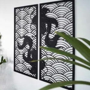 Koi waves 2.0 houten wanddecoratie 2-luik wandpanelen zwart kunst koi vissen japanse stijl golven