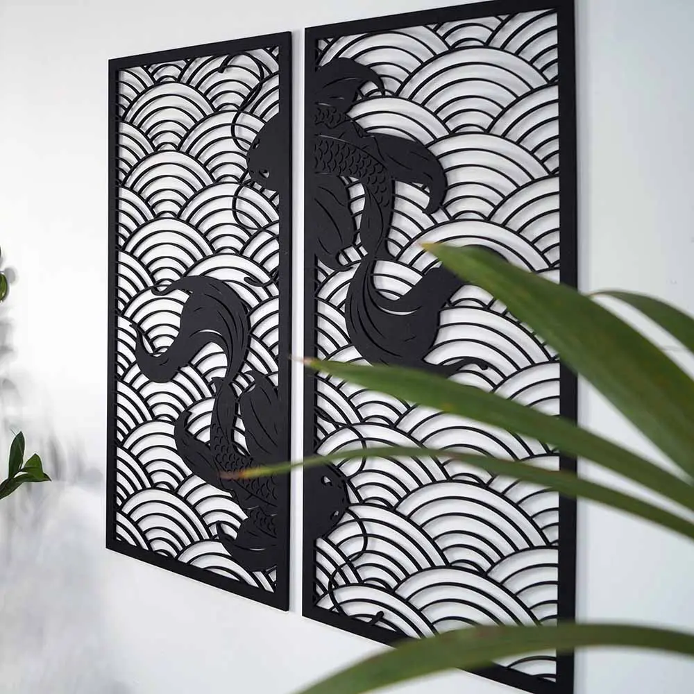 Koi waves 2.0 houten wanddecoratie 2-luik wandpanelen zwart kunst koi vissen japanse stijl golven