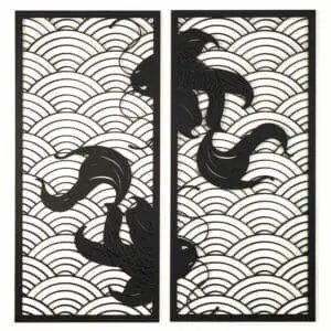 Koi waves 2.0 houten wanddecoratie 2-luik wandpanelen zwart kunst koi vissen japanse stijl golven
