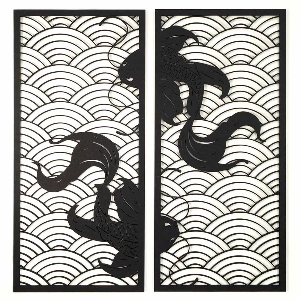 Koi waves 2.0 houten wanddecoratie 2-luik wandpanelen zwart kunst koi vissen japanse stijl golven