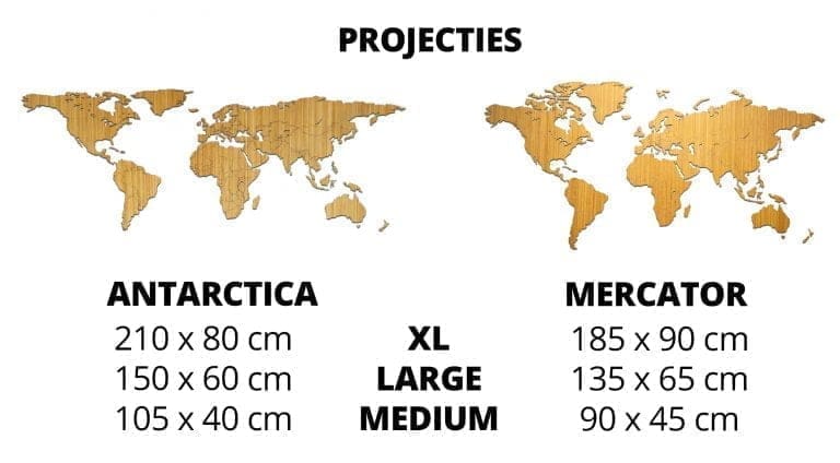 projectie en afmeting houten wereldkaart