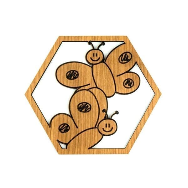 Houten wanddecoratie kinderkamer hexagon 6 hoek vlinder