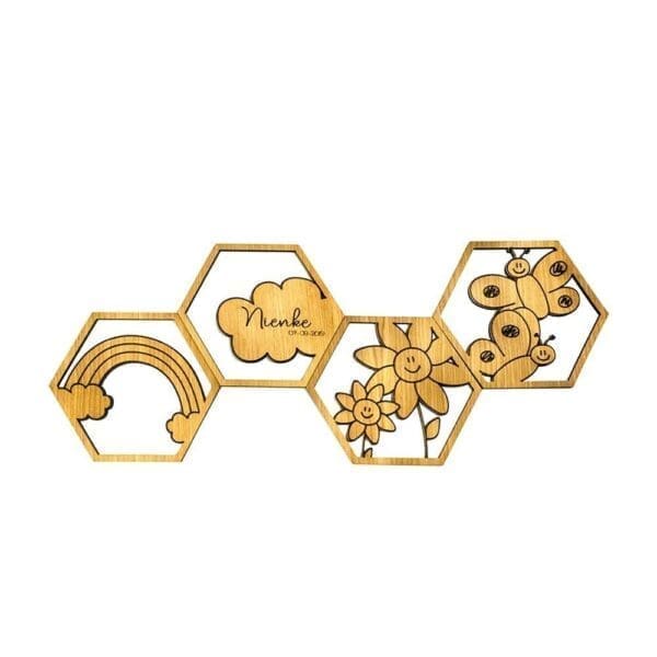 Houten wanddecoratie kinderkamer 6 hoek vlinder bloemen regenboog wolk gepersonaliseerd