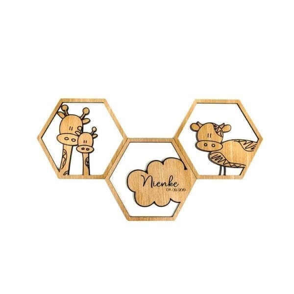 Houten wanddecoratie kinderkamer 6 hoek koe giraffe wolk gepersonaliseerd
