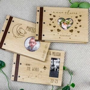 Houten fotoboek gastenboek bruiloft trouwen babyboek kinderfoto fotoalbum reizen herinneren overledene afscheid