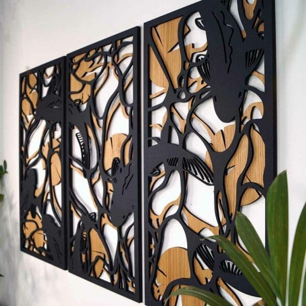 Underwater houten wanddecoratie 3-luik wandpanelen eiken zwart kunst vijver vissen