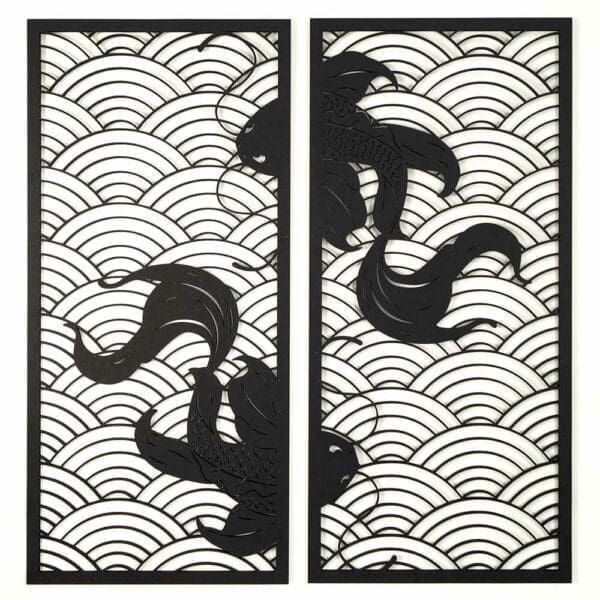 Koi waves 2.0 houten wanddecoratie 2-luik wandpanelen zwart kunst koi vissen japanse stijl golven