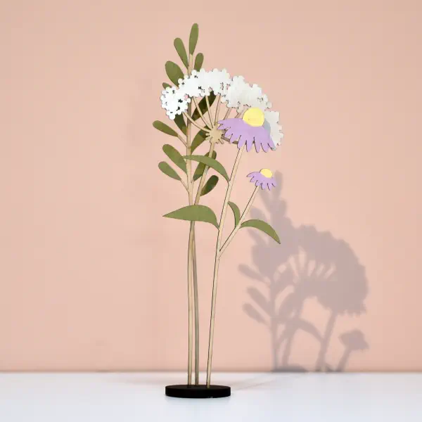 Houten bloemen set van 3 op zwarte voet – duurzaam boeket als woondecoratie