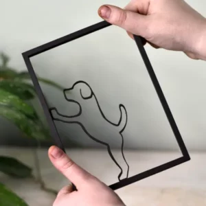 Transparant houten lijstje met speelse hond in lijnstijl